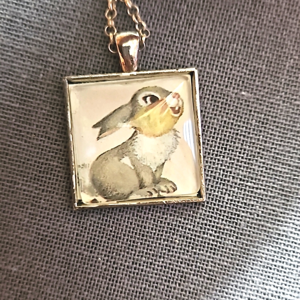 1970s Bambis Thumper Bunny children's book page necklace ooak upcycled